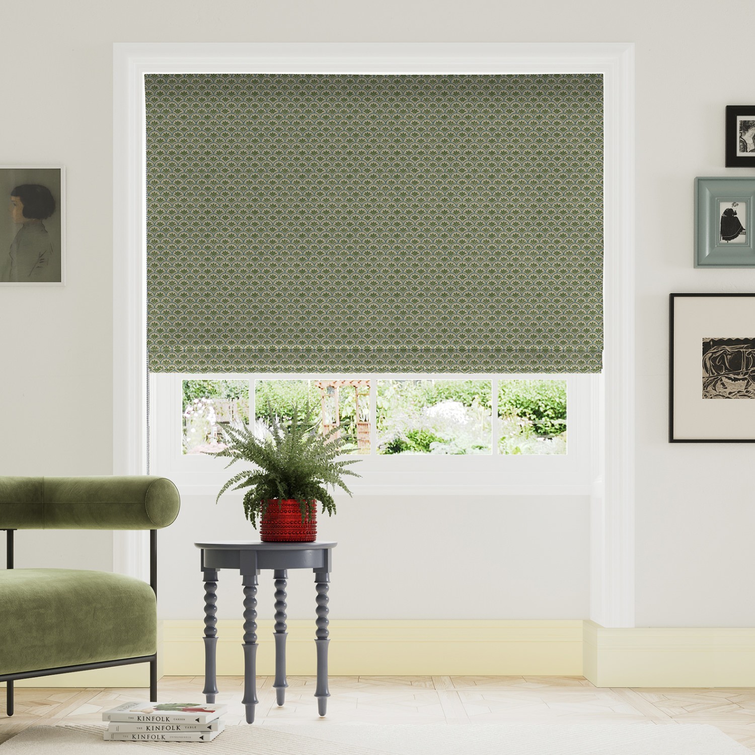 land & shore dawn green roman blind