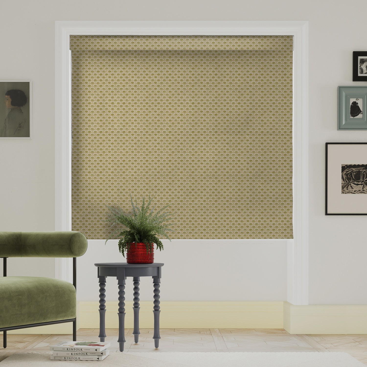 land & shore dawn ochre roman blind