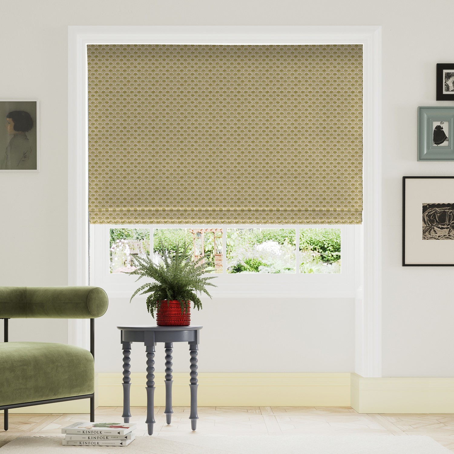land & shore dawn ochre roman blind