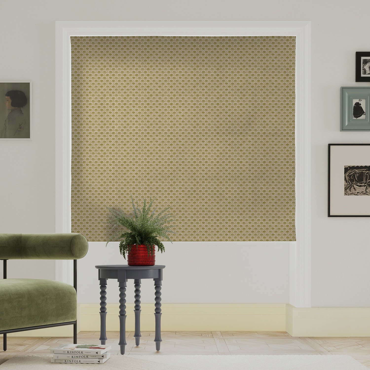land & shore dawn ochre roman blind