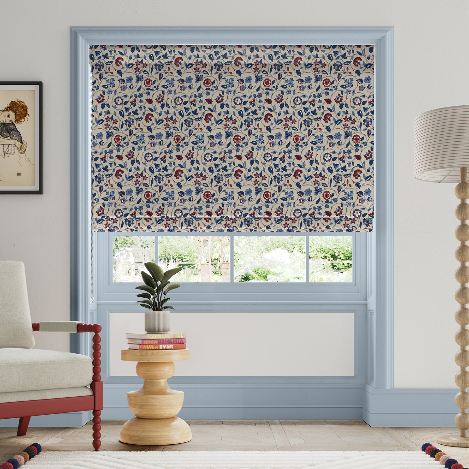 land & shore esther blue red roman blind