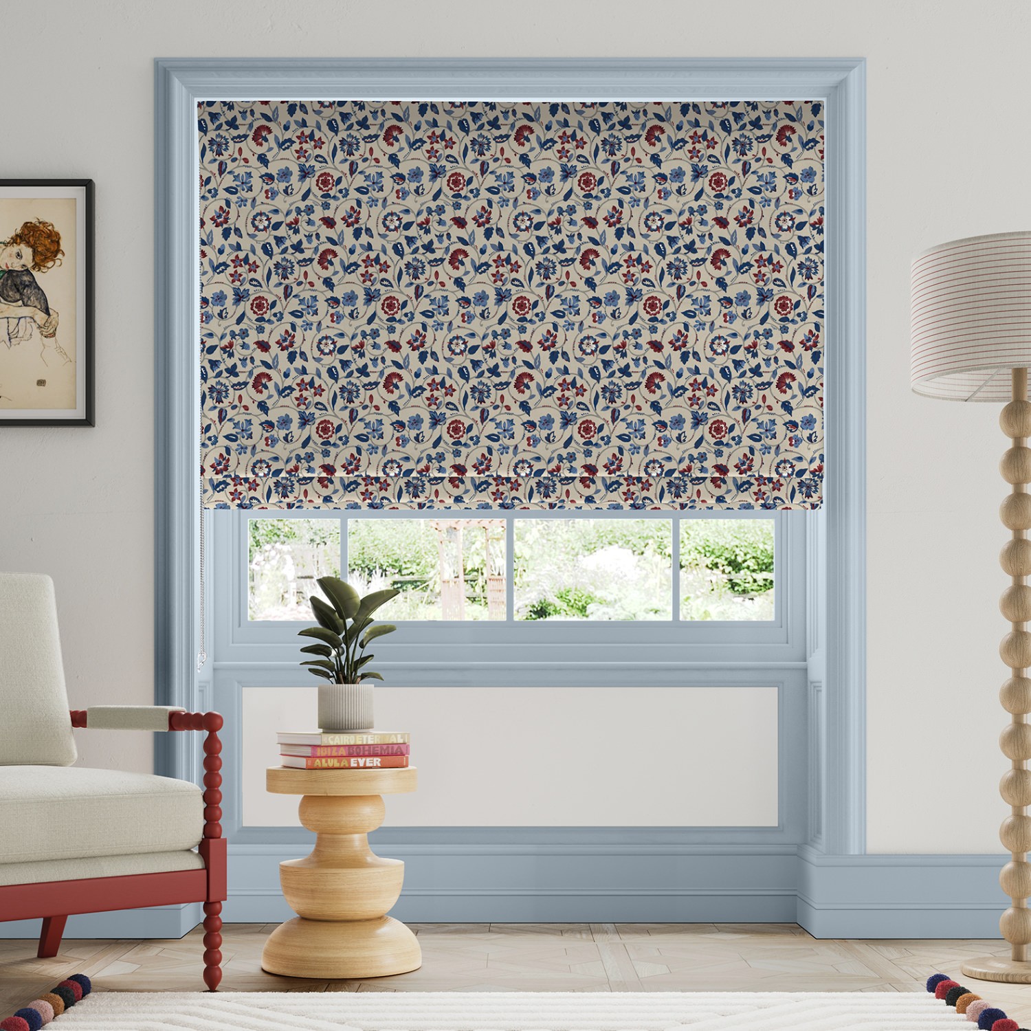 land & shore esther blue red roman blind