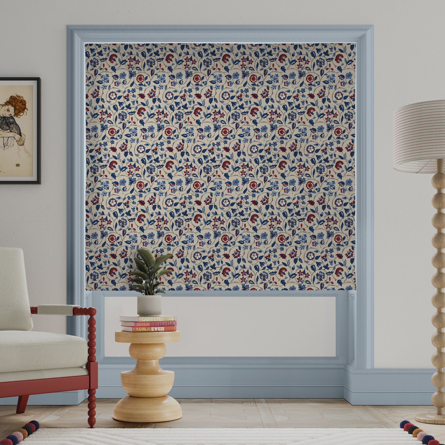 land & shore esther blue red roman blind