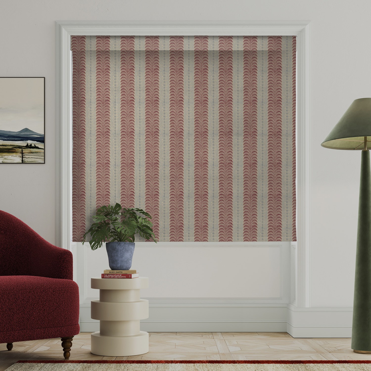 land & shore fintra stripe red blue roman blind