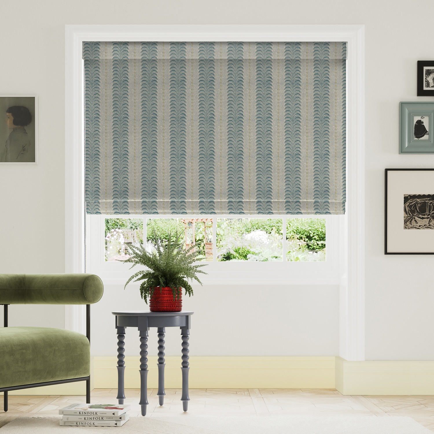 land & shore fintra stripe teal roman blind