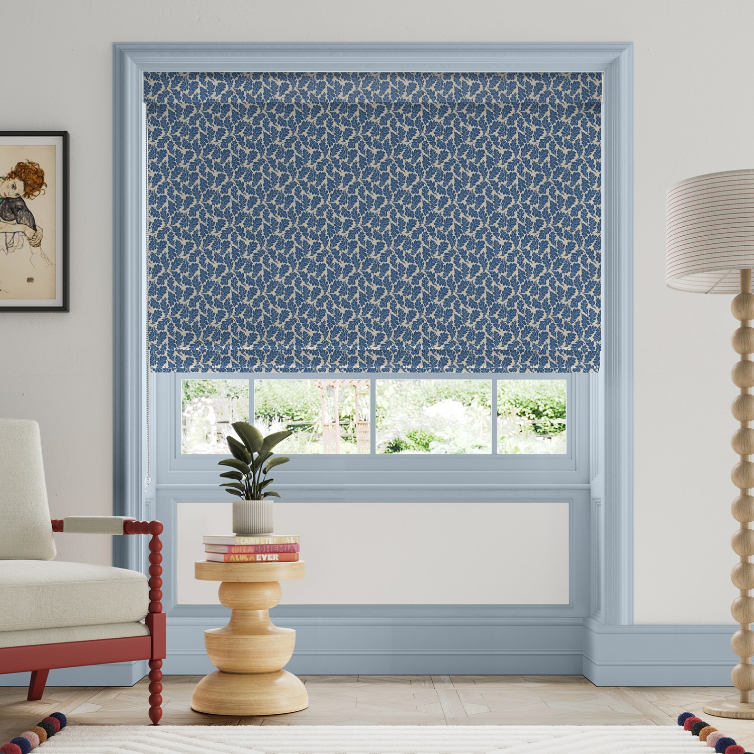 land & shore oak leaf blue roman blind
