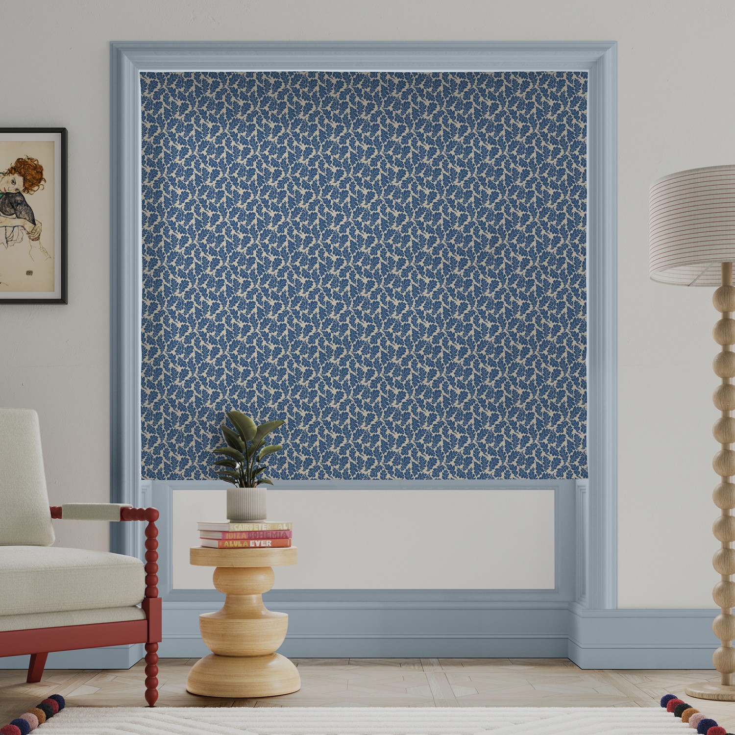 land & shore oak leaf blue roman blind