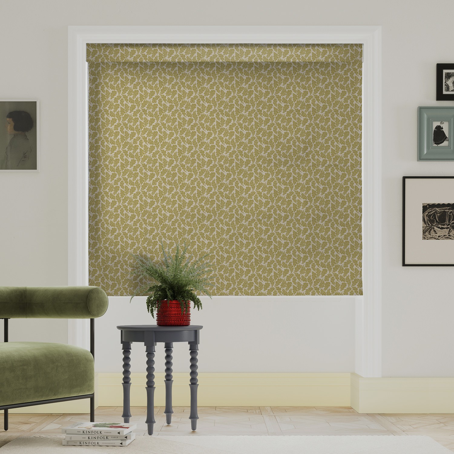 land & shore oak leaf ochre roman blind