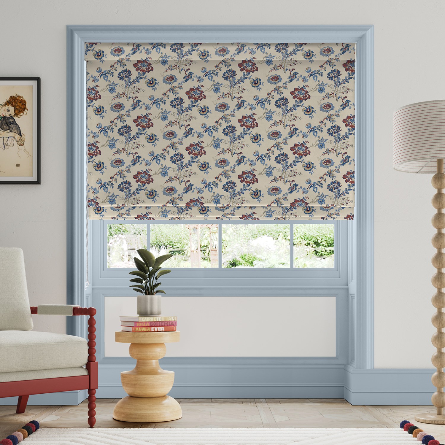 land & shore orchard blue red roman blind