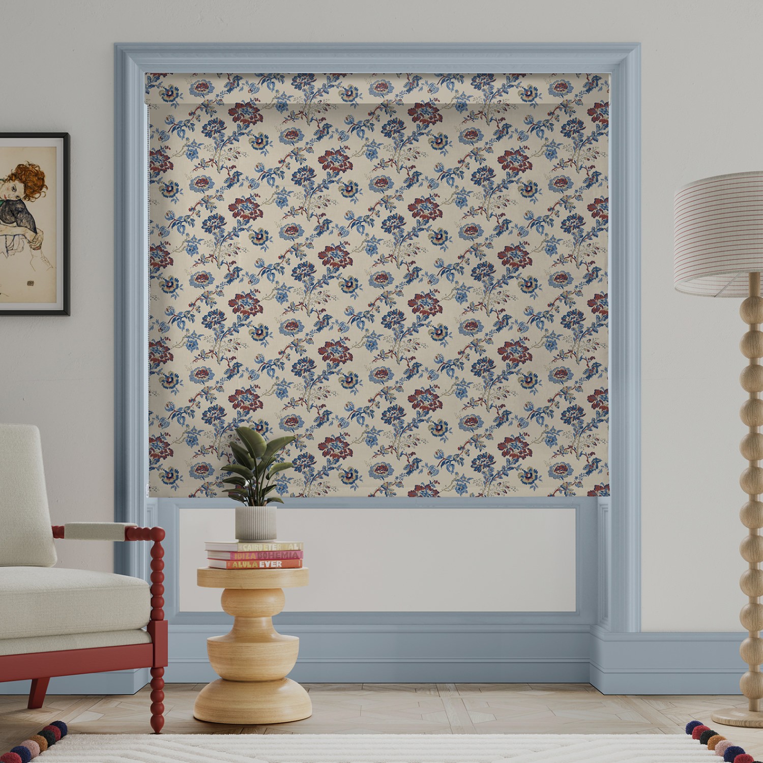 land & shore orchard blue red roman blind