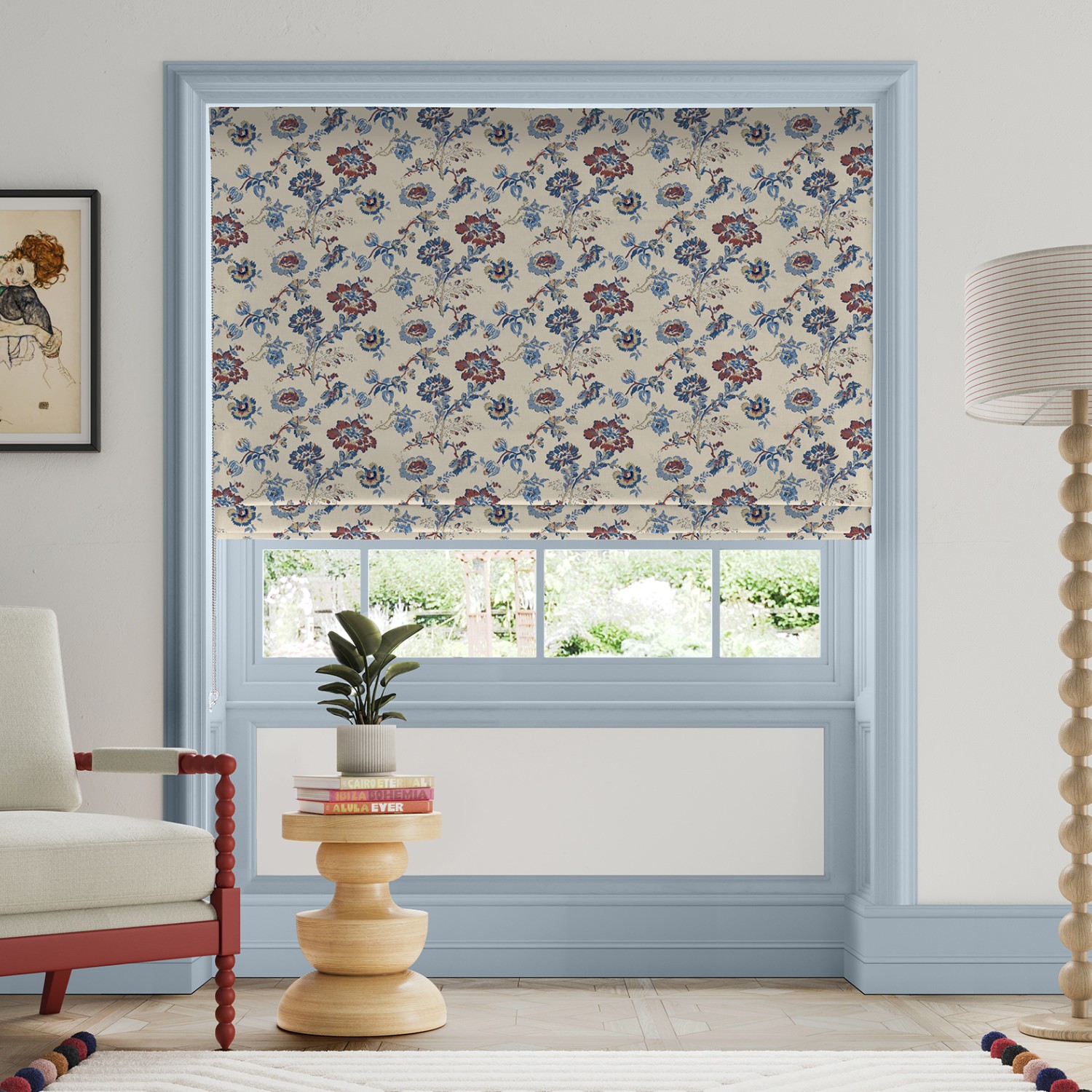 land & shore orchard blue red roman blind