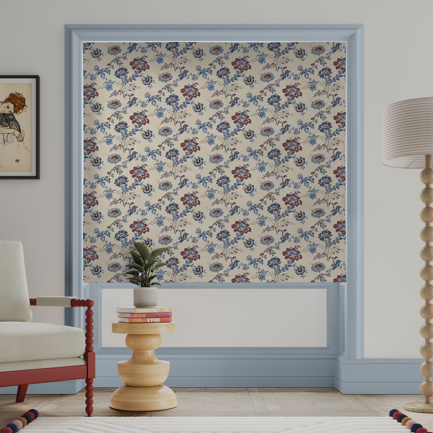 land & shore orchard blue red roman blind
