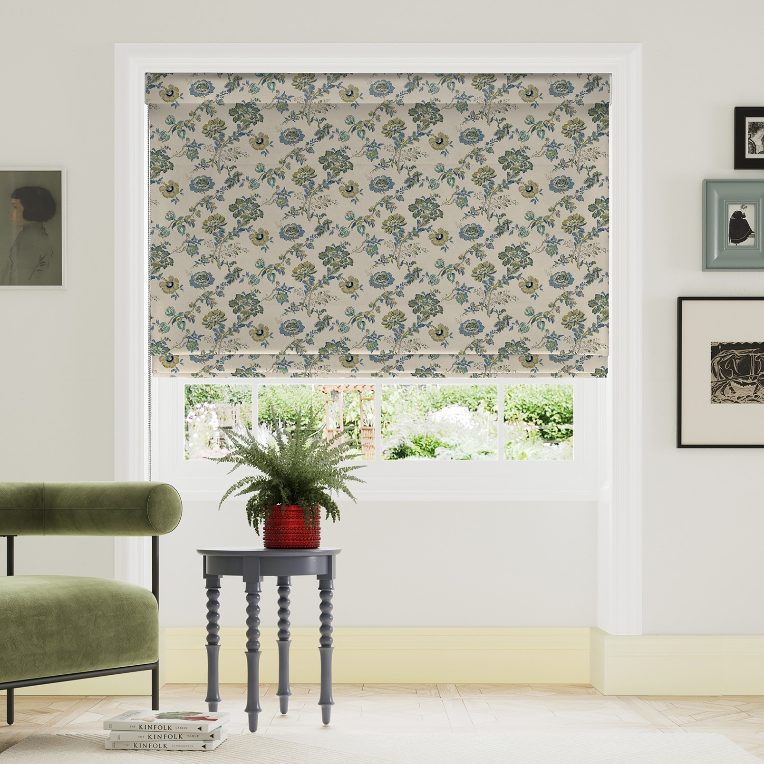 land & shore orchard green roman blind