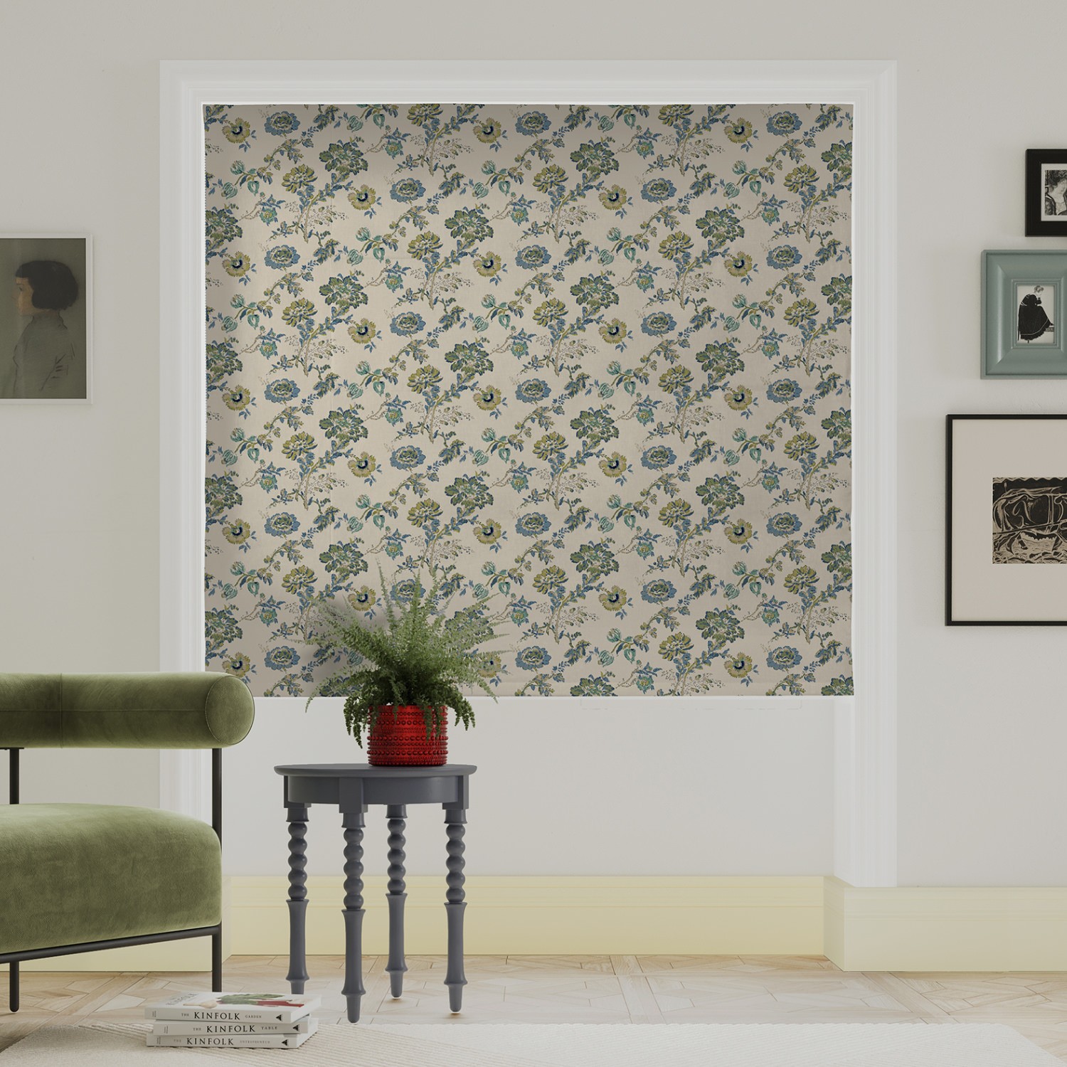 land & shore orchard green roman blind
