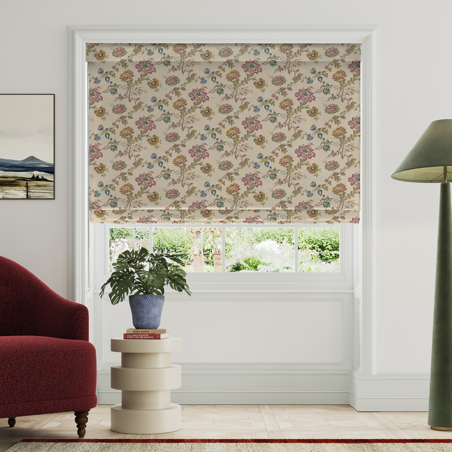 land & shore orchard pink roman blind