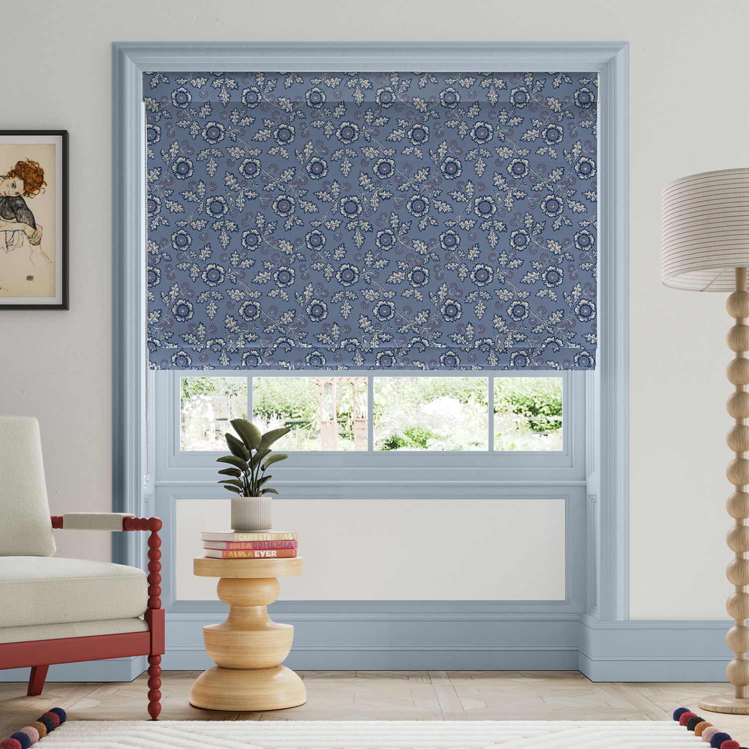 land & shore river blue red roman blind