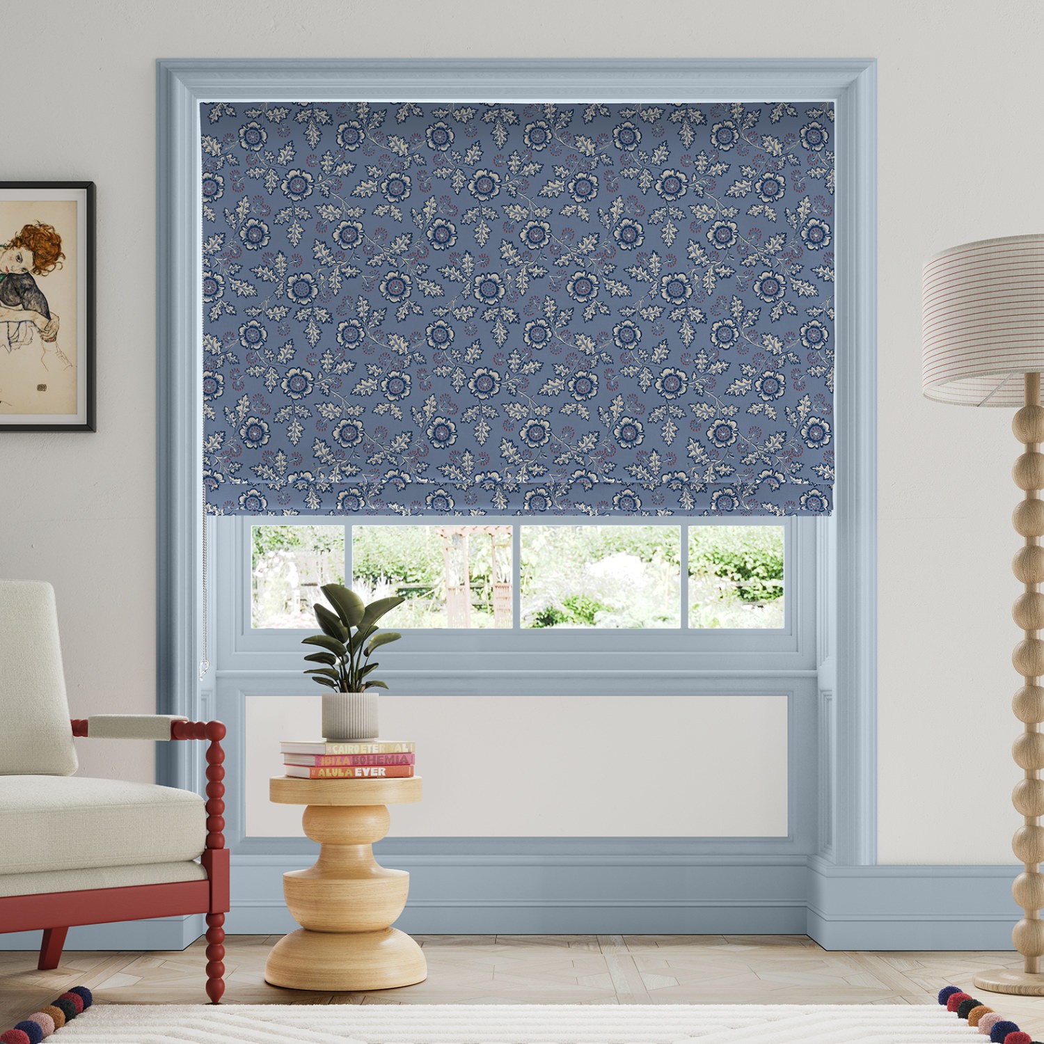 land & shore river blue red roman blind
