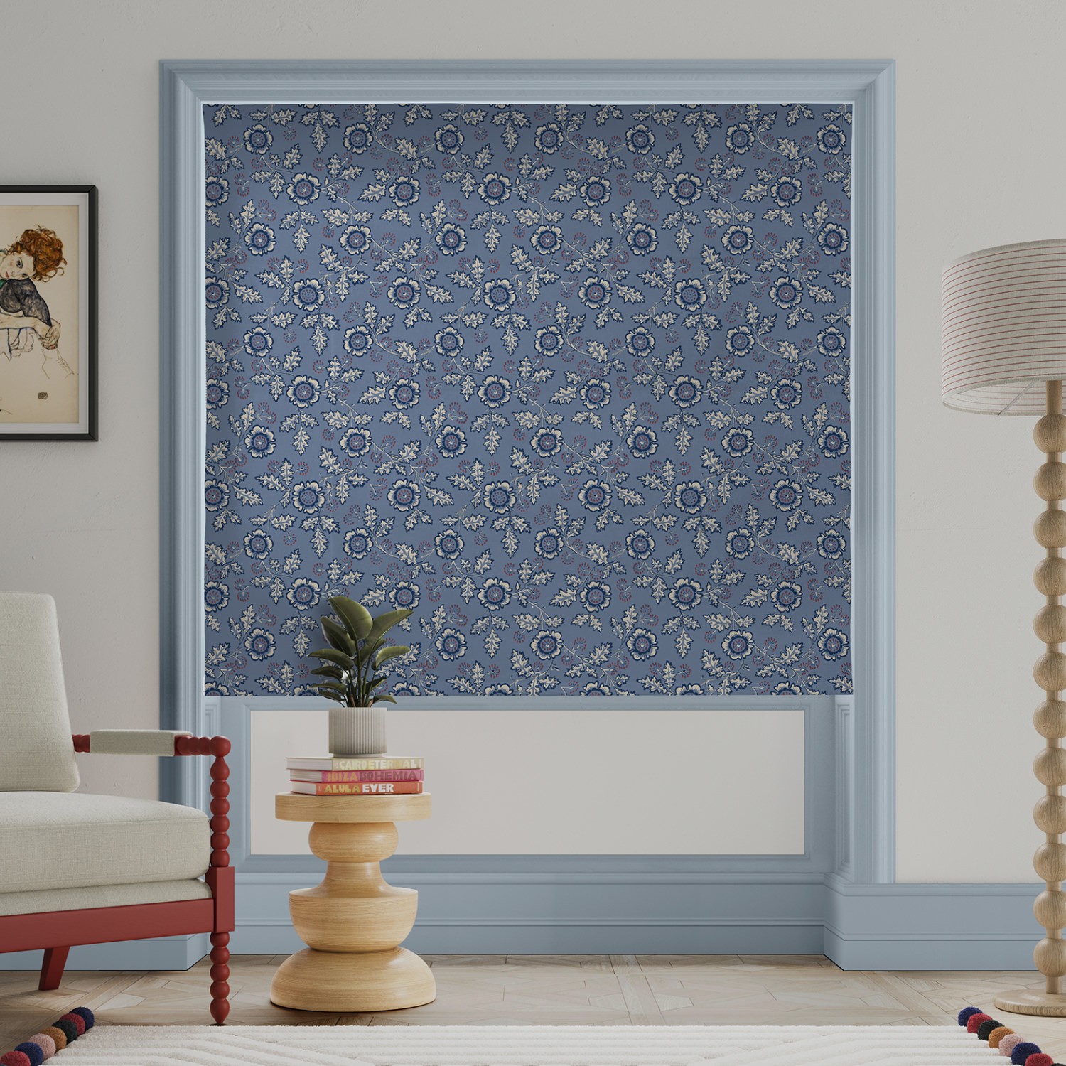 land & shore river blue red roman blind