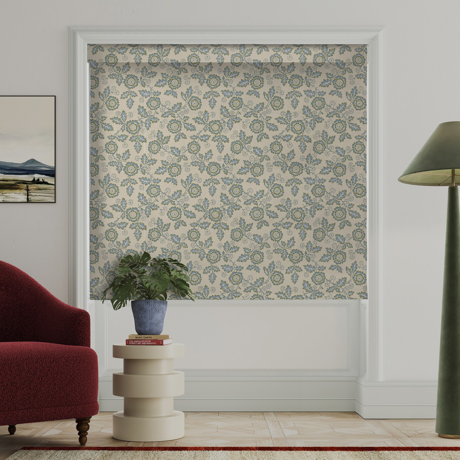 land & shore river green roman blind
