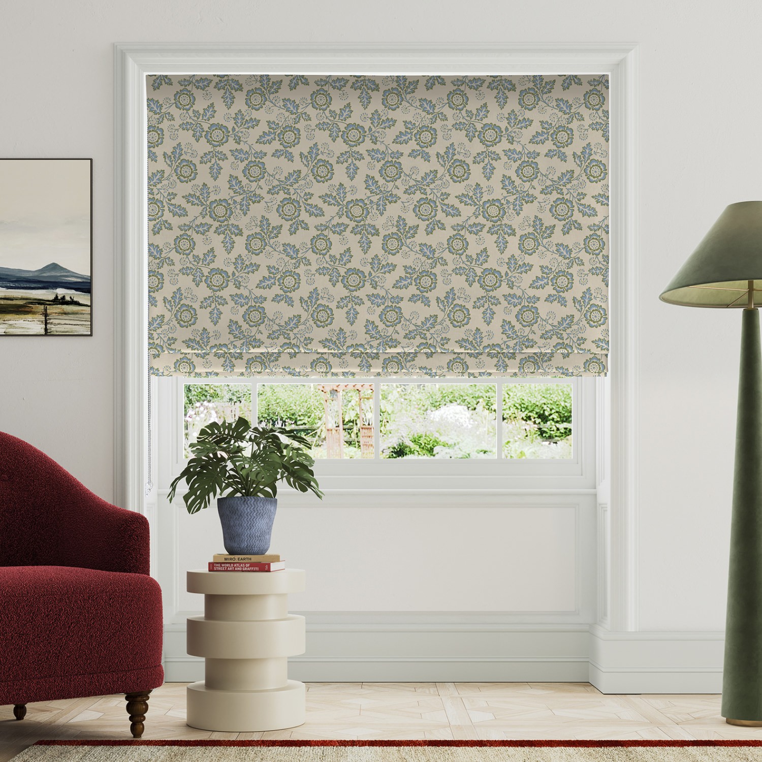 land & shore river green roman blind