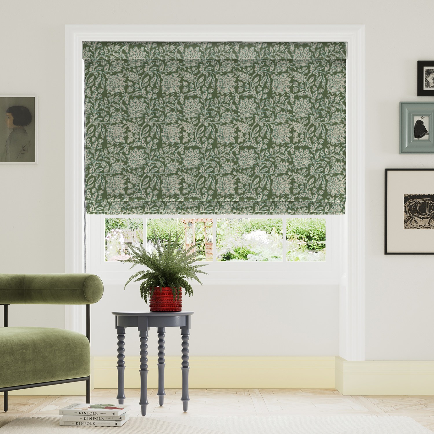 land & shore rowallane green roman blind