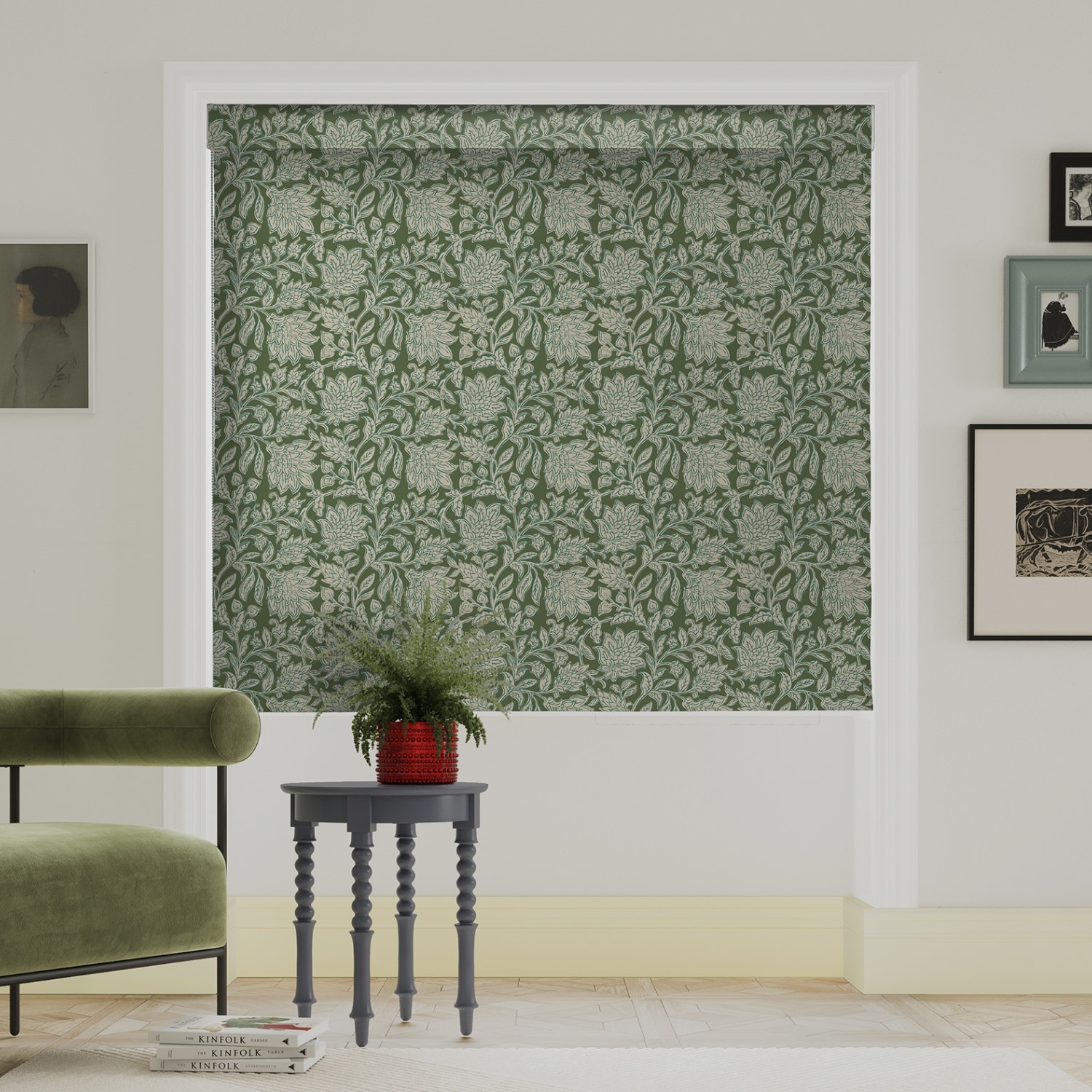land & shore rowallane green roman blind