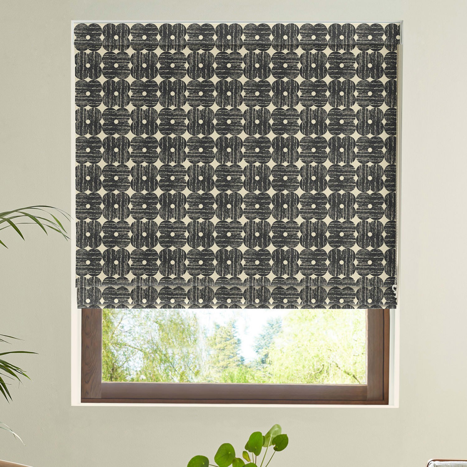 orla kiely textured flower charcoal roman blind