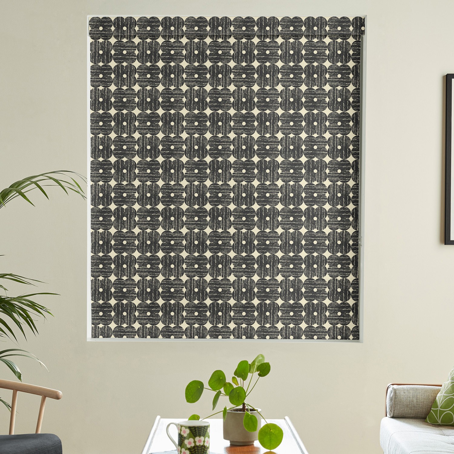 orla kiely textured flower charcoal roman blind