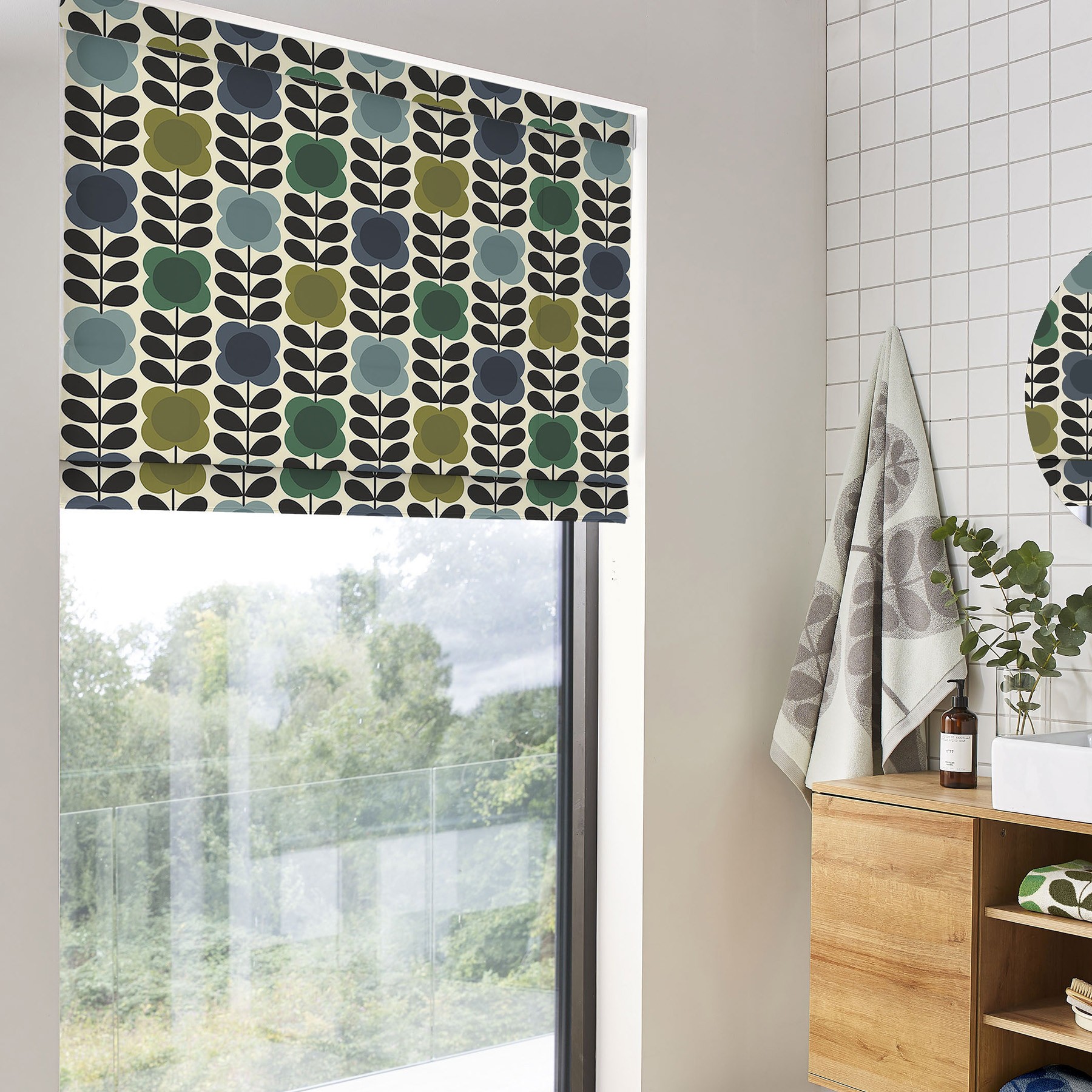 Orla Kiely Spot Flower Stem Blue & Green Roman Blind
