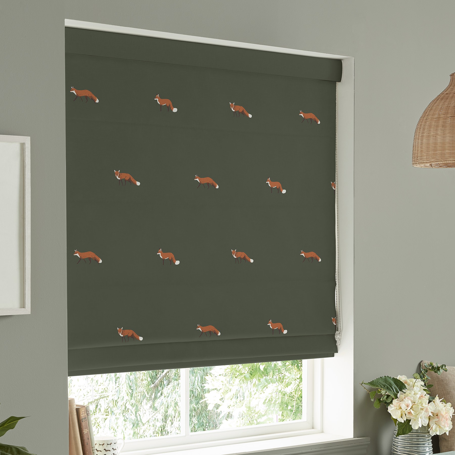 Sophie Allport Foxes Forest Green Roman Blind