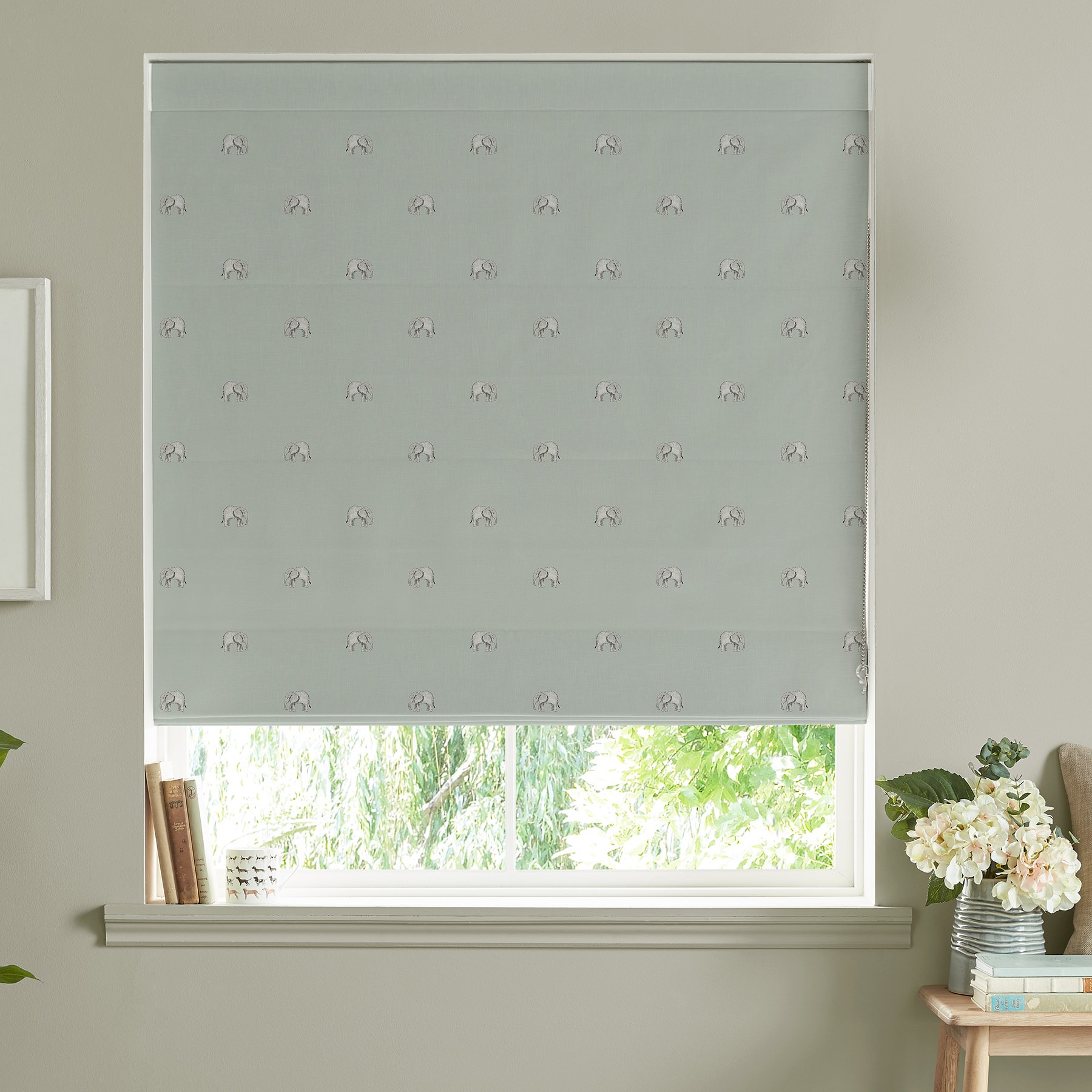 Sophie Allport Elephant  Green Grey Roman Blind