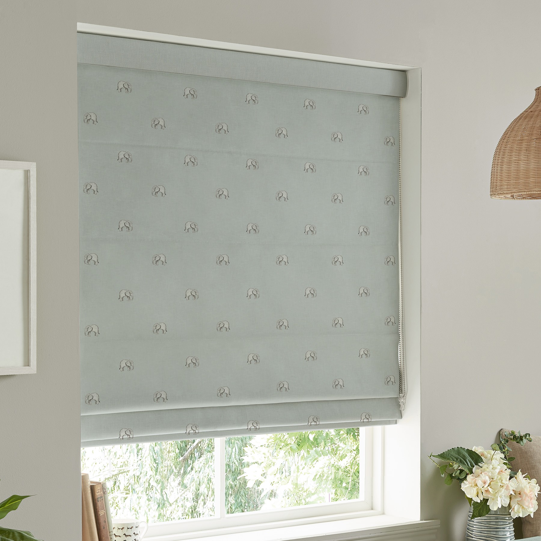 Sophie Allport Elephant  Green Grey Roman Blind