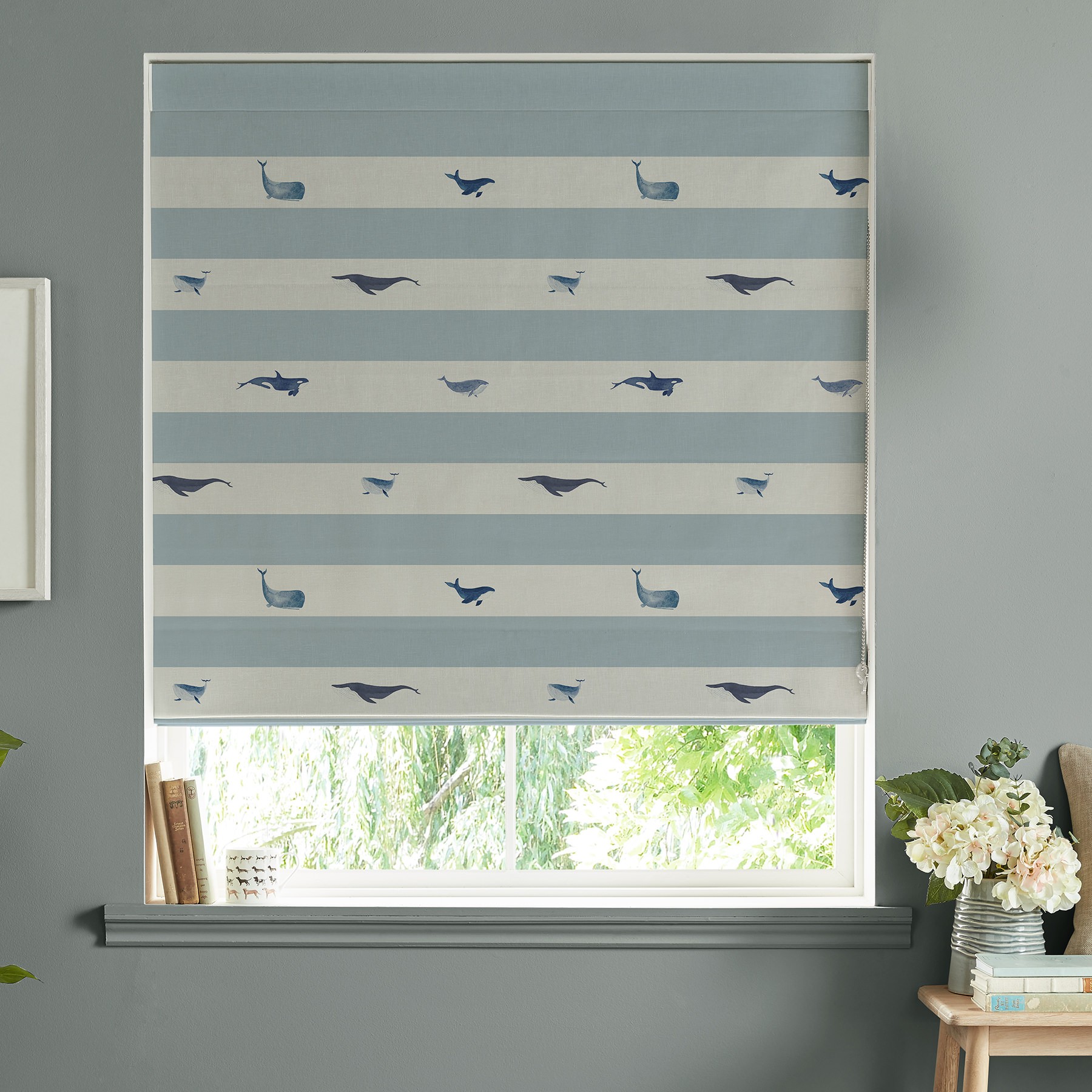 Sophie Allport Whale Stripe Deep Duckegg Roman Blind