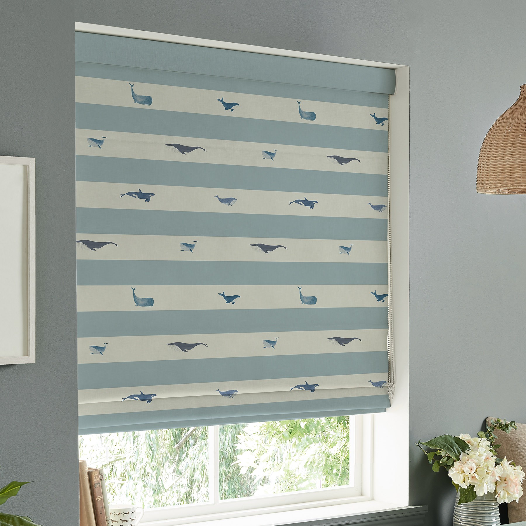 Sophie Allport Whale Stripe Deep Duckegg Roman Blind