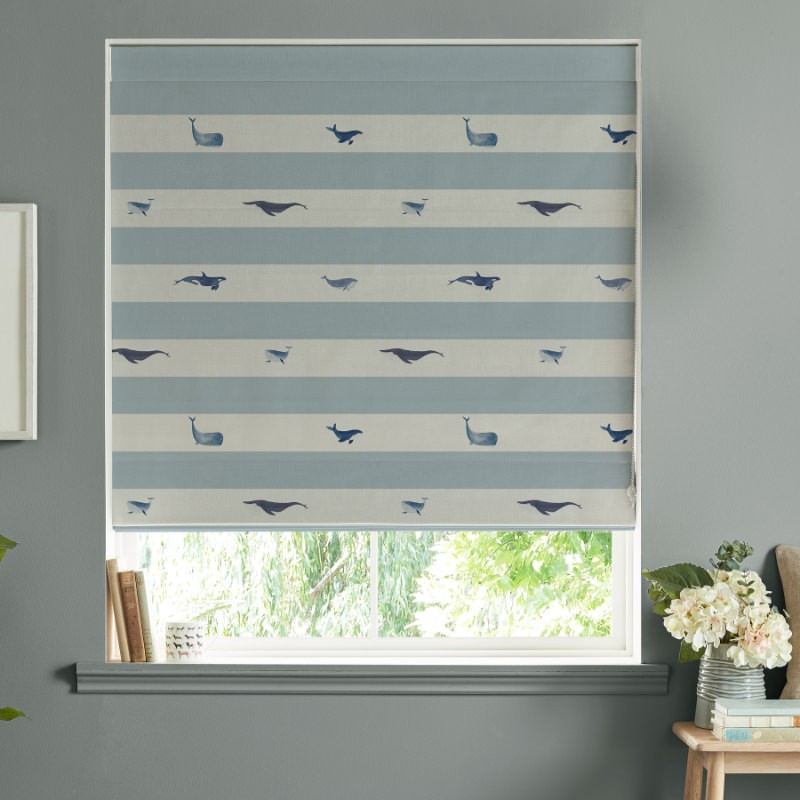 Sophie Allport Whale Stripe Deep Duckegg Roman Blind
