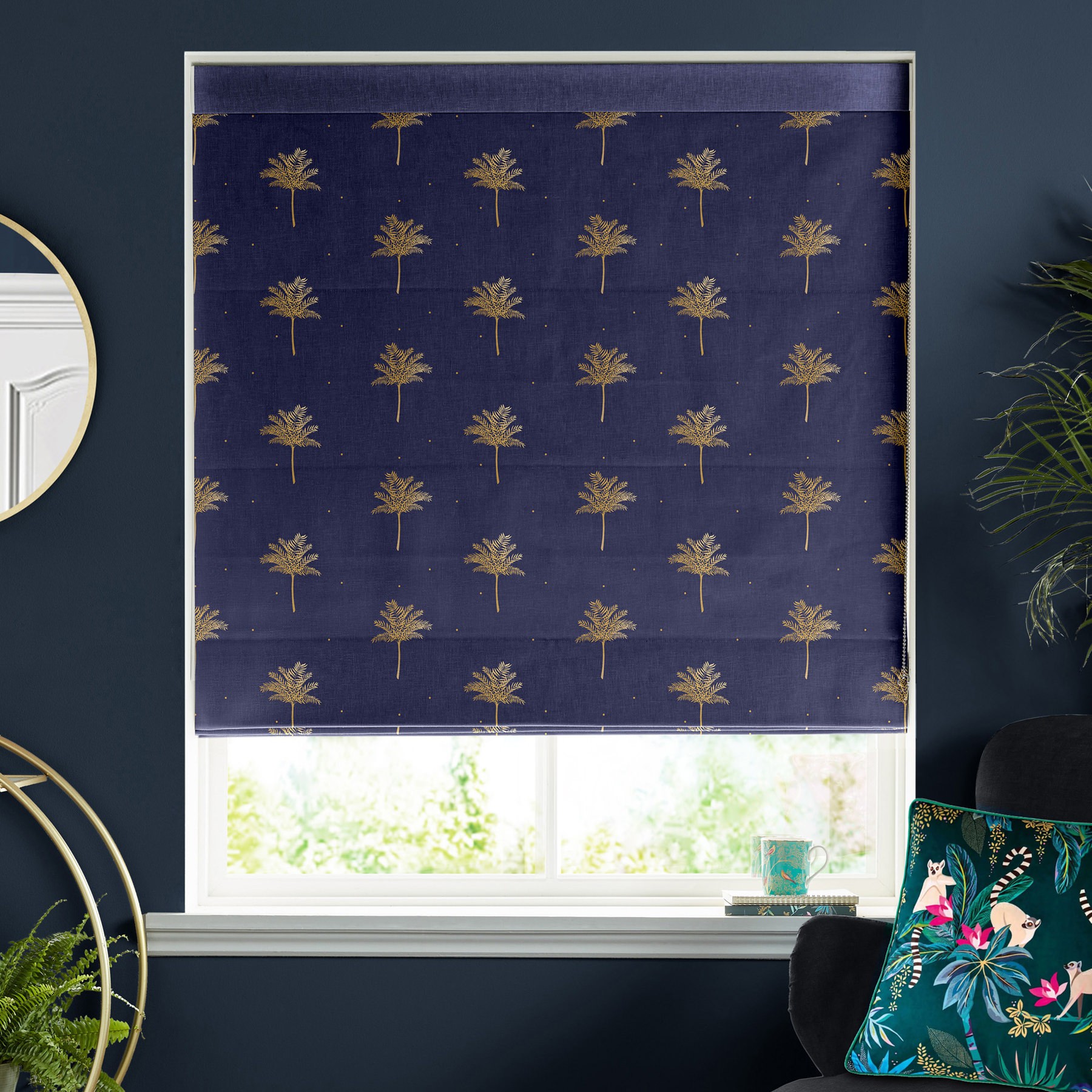 Sara Miller Small Palm Tree Navy Roman Blind