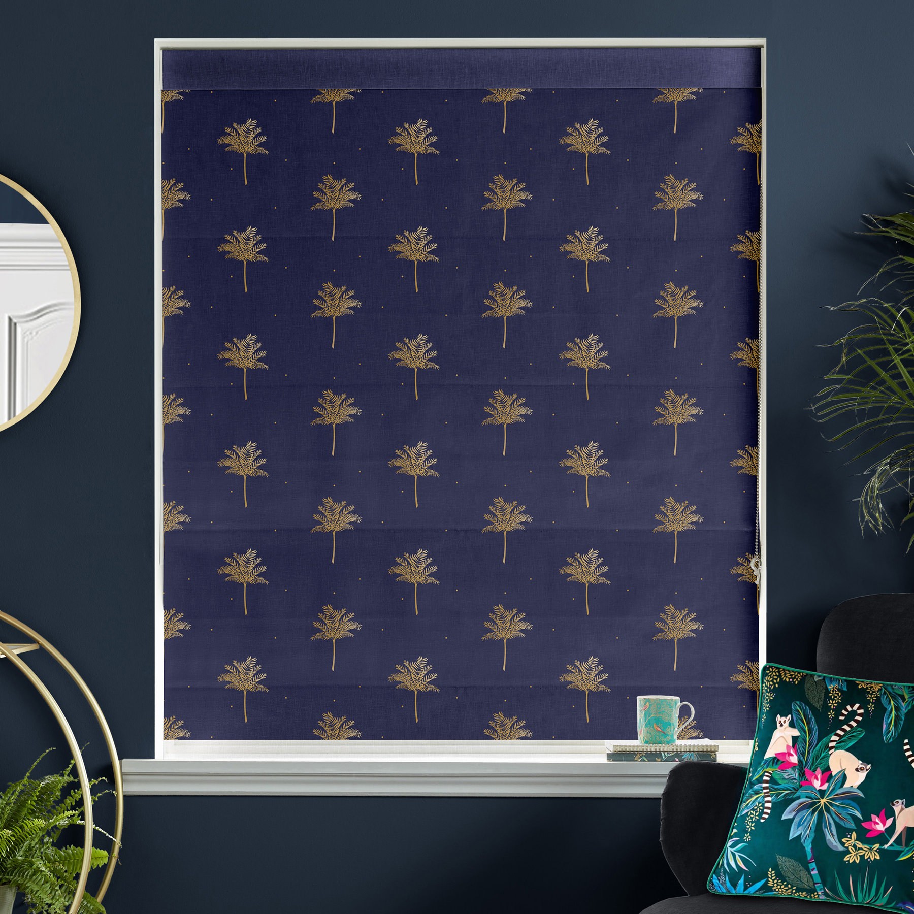 Sara Miller Small Palm Tree Navy Roman Blind