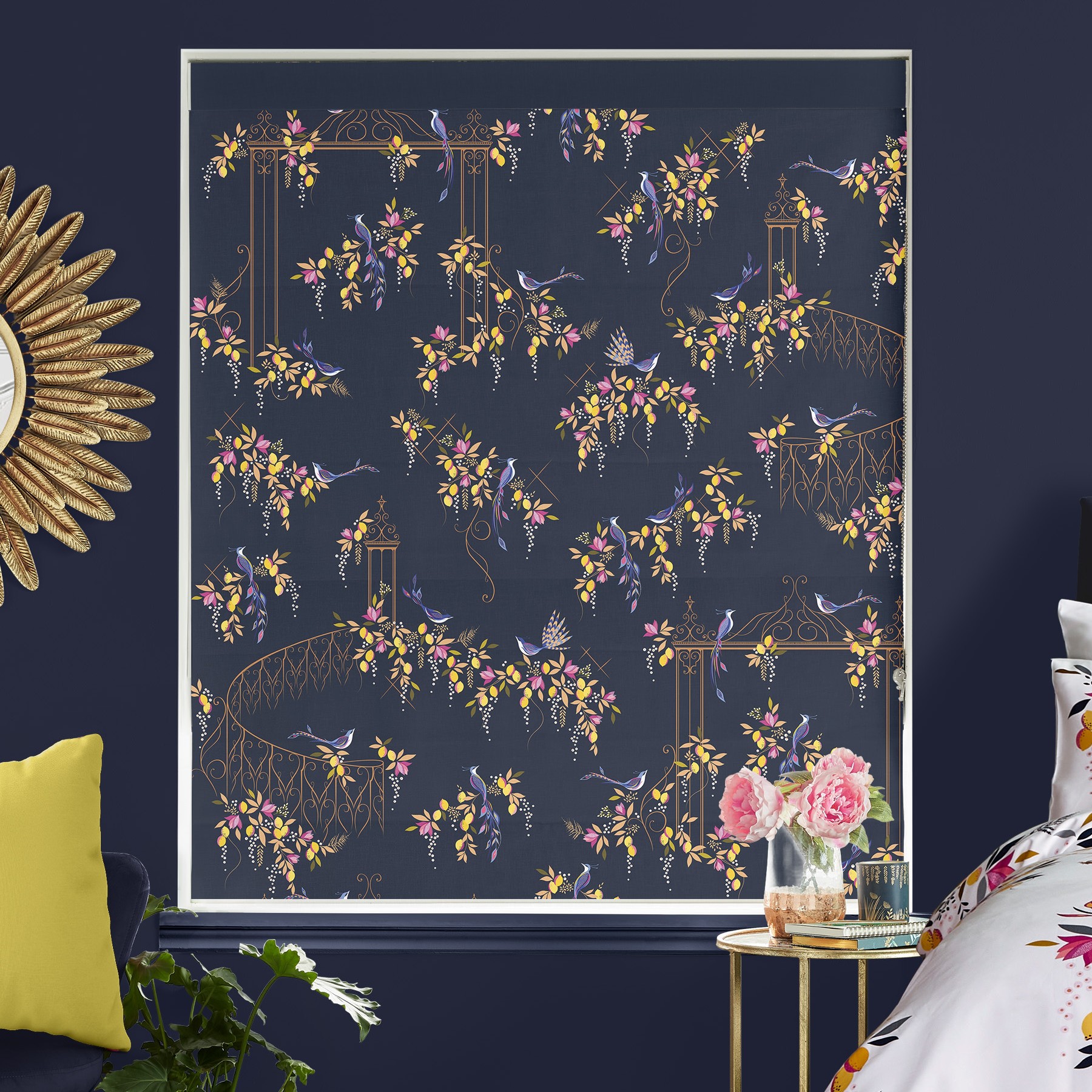 Sara Miller Birds & Gate Deep Navy Roman Blind