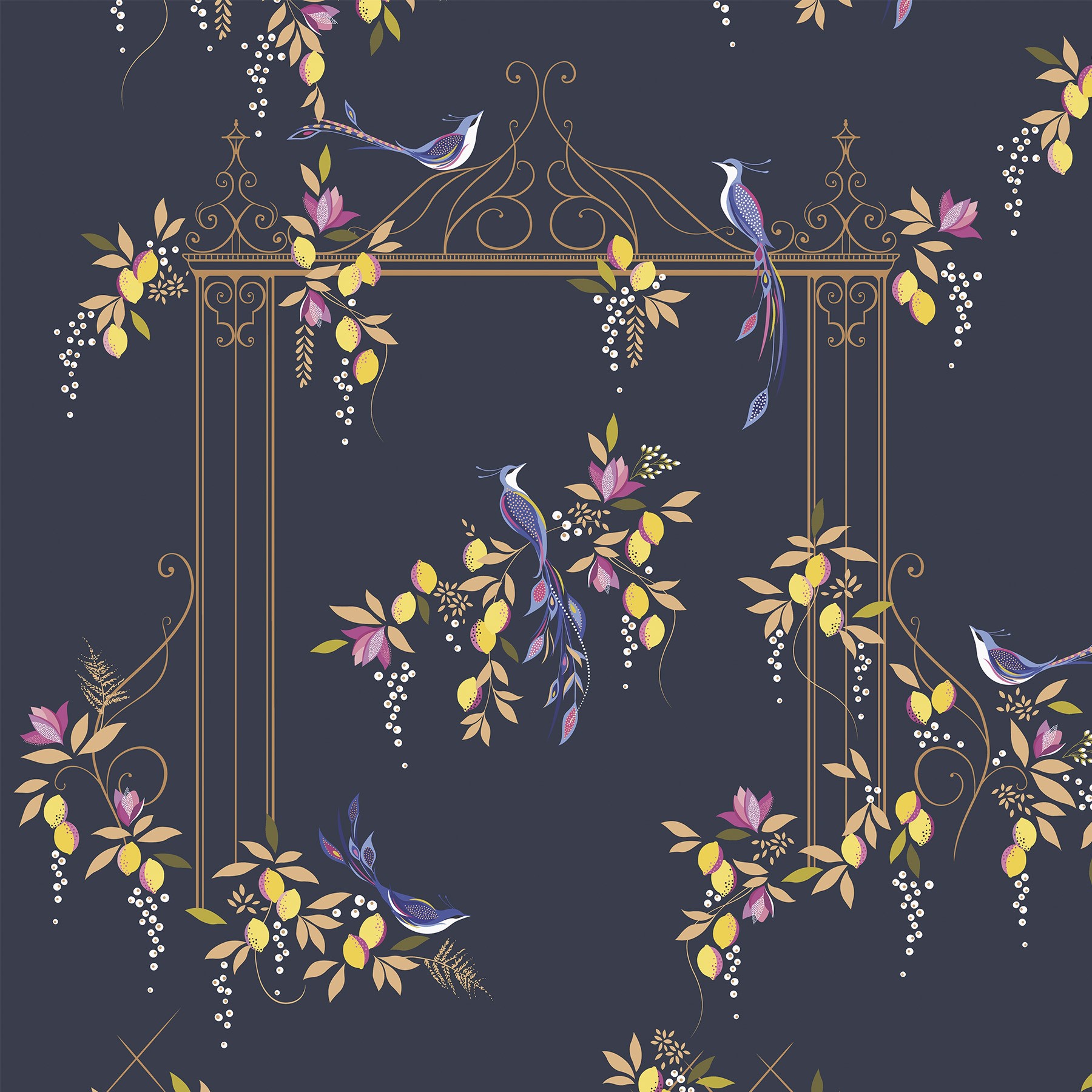 Sara Miller Birds & Gate Deep Navy Roman Blind