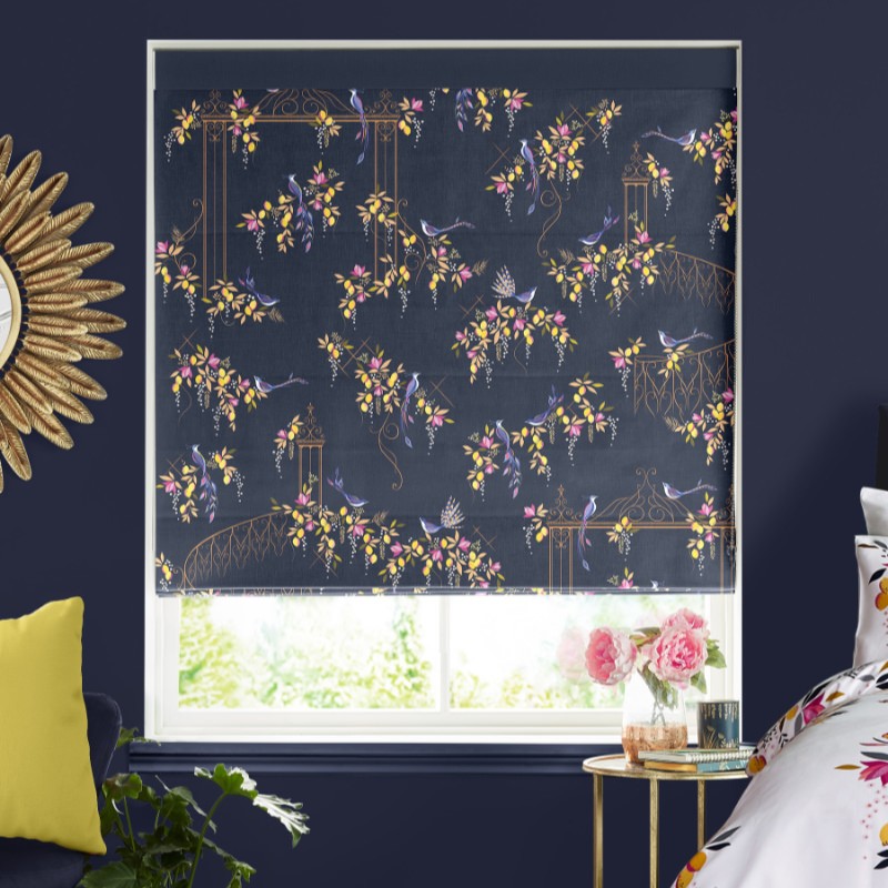 Sara Miller Birds & Gate Deep Navy Roman Blind