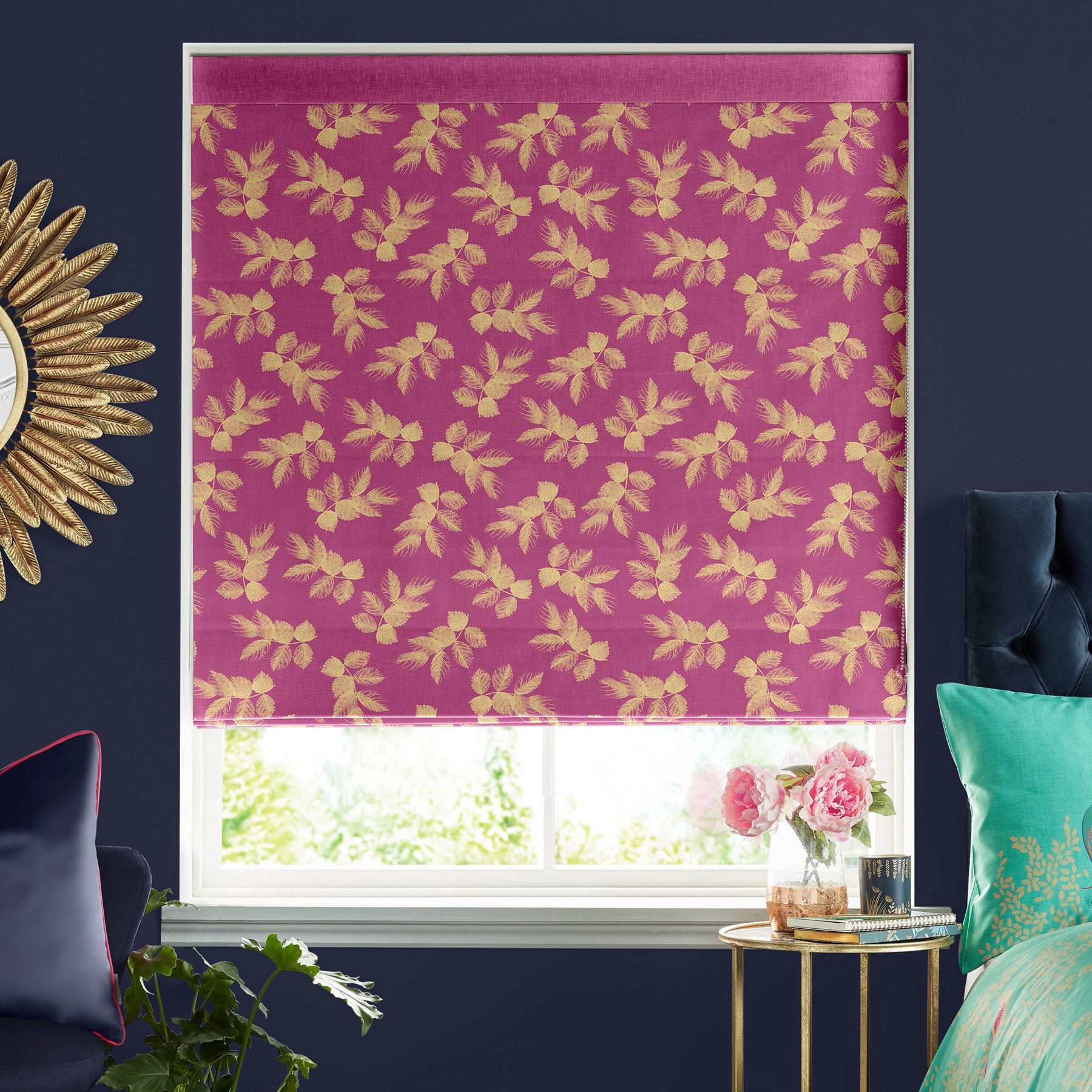 Sara Miller Etched Leaves Fuchsia Roman Blind