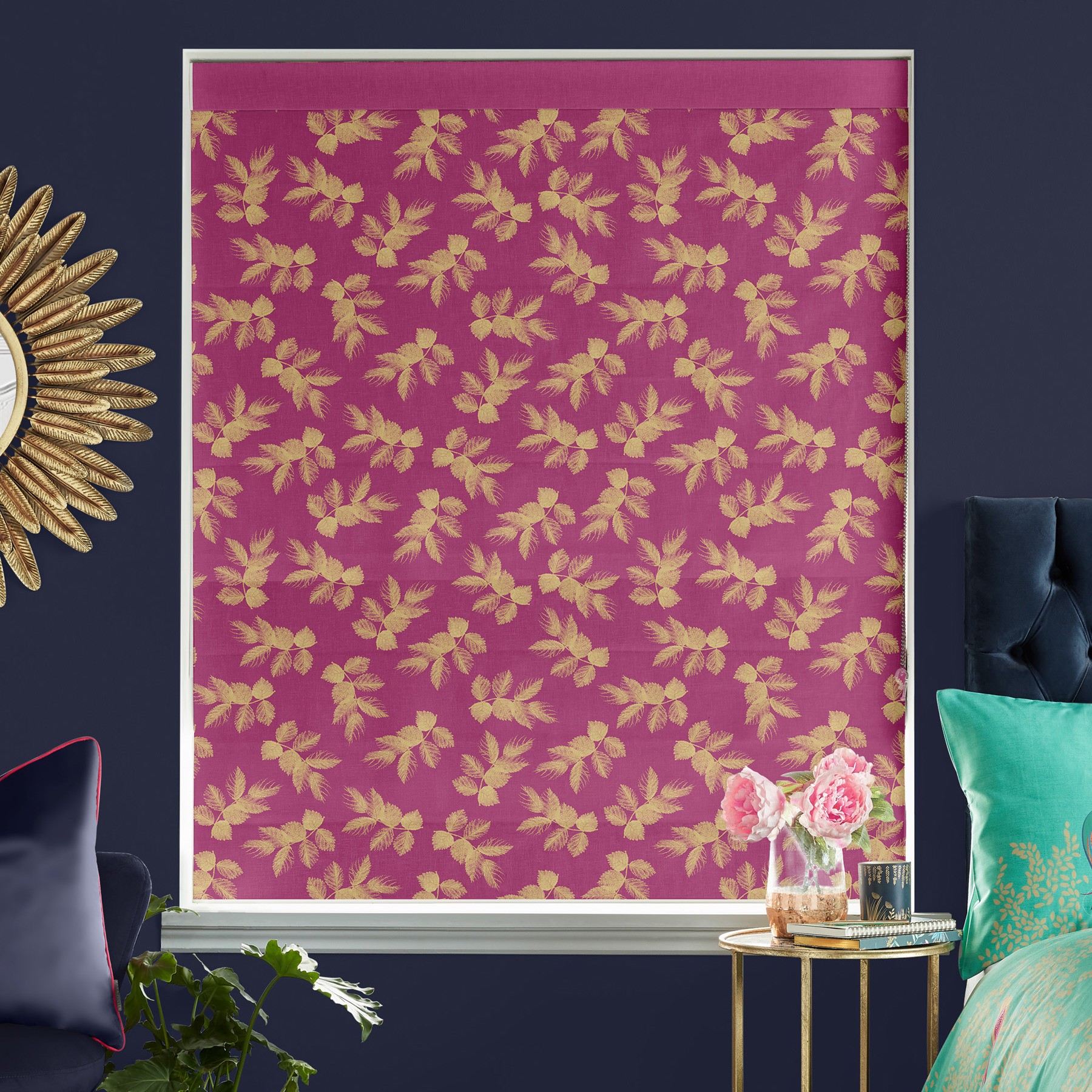 Sara Miller Etched Leaves Fuchsia Roman Blind