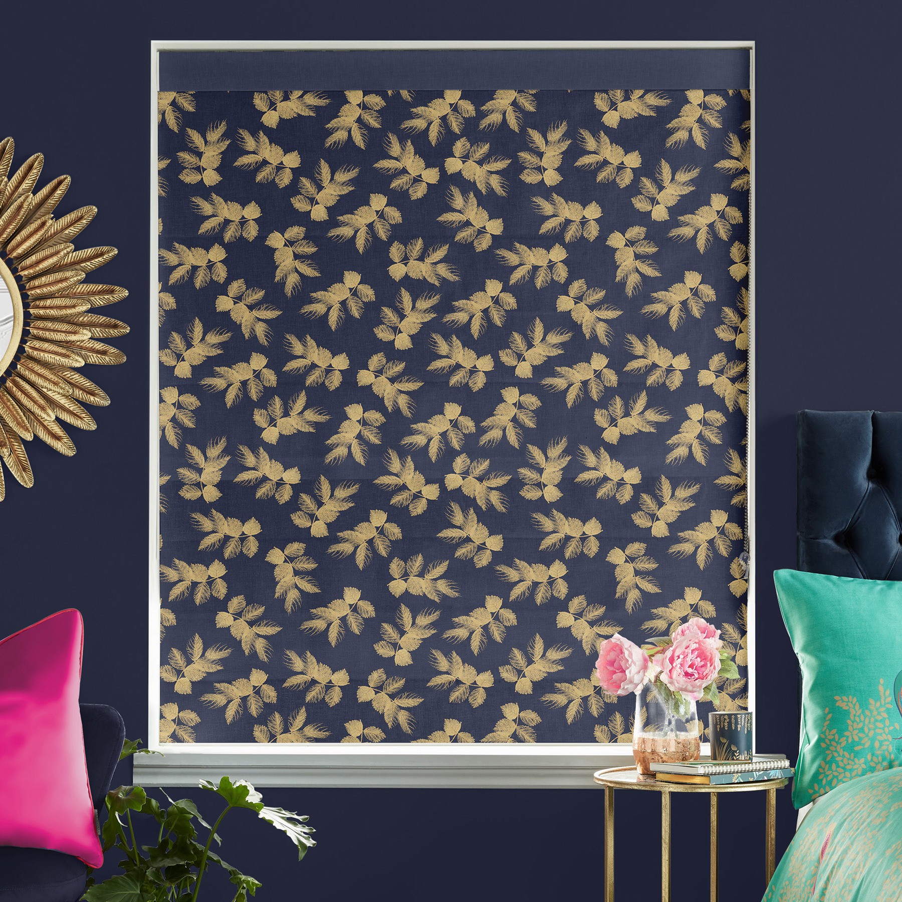 Sara Miller Etched Leaves Deep Navy Roman Blind