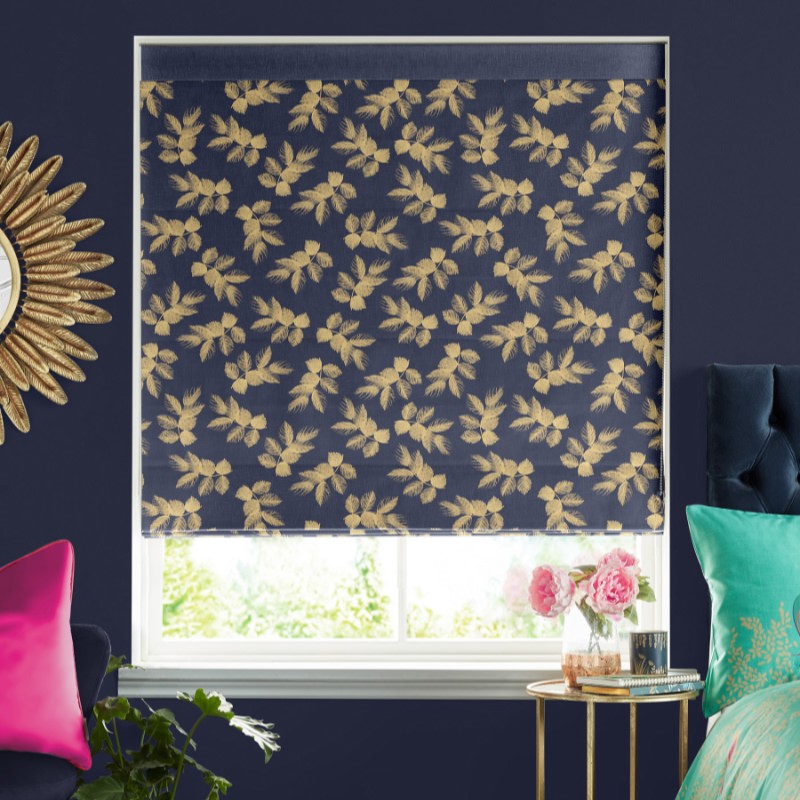 Sara Miller Etched Leaves Deep Navy Roman Blind