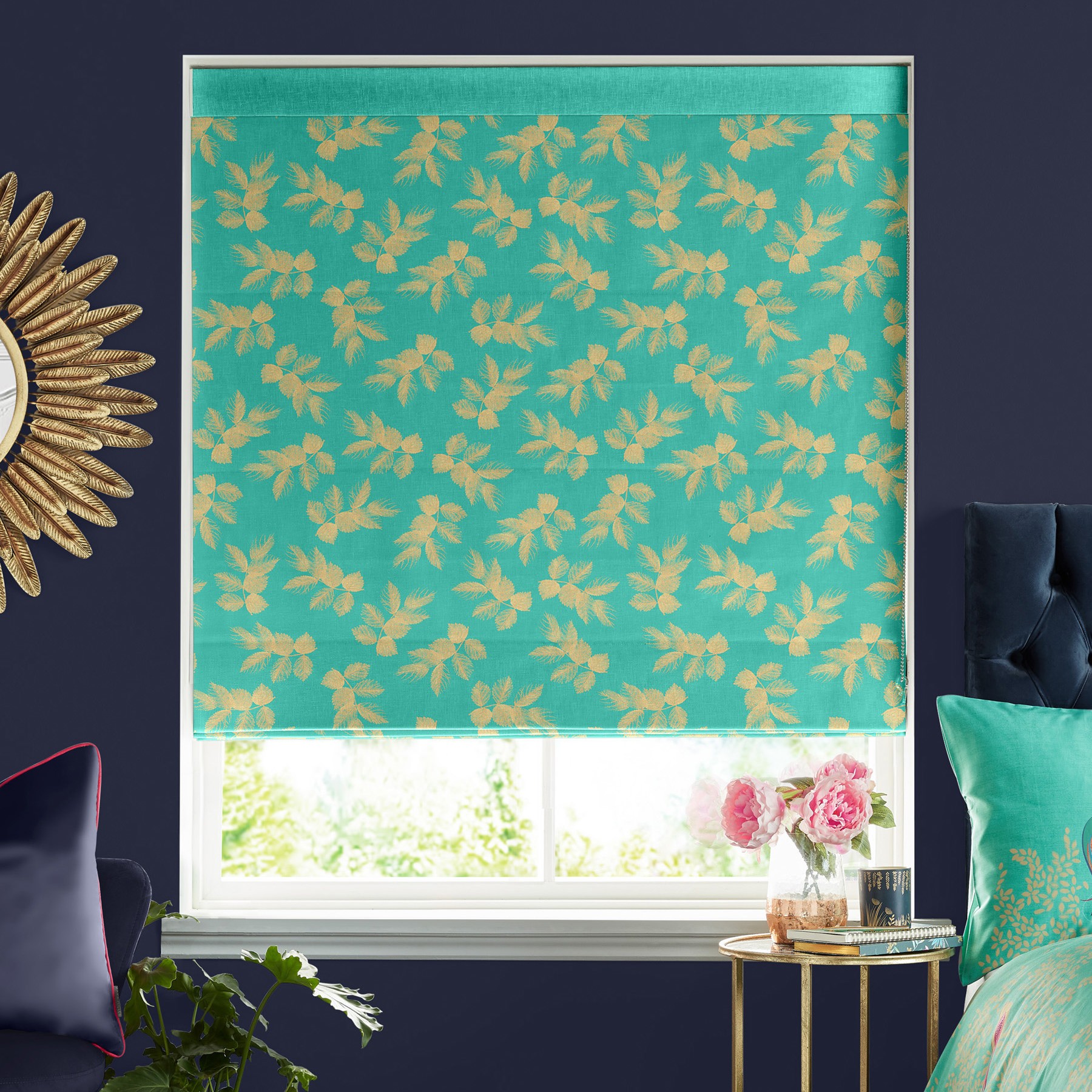 Sara Miller Etched Leaves Green Roman Blind