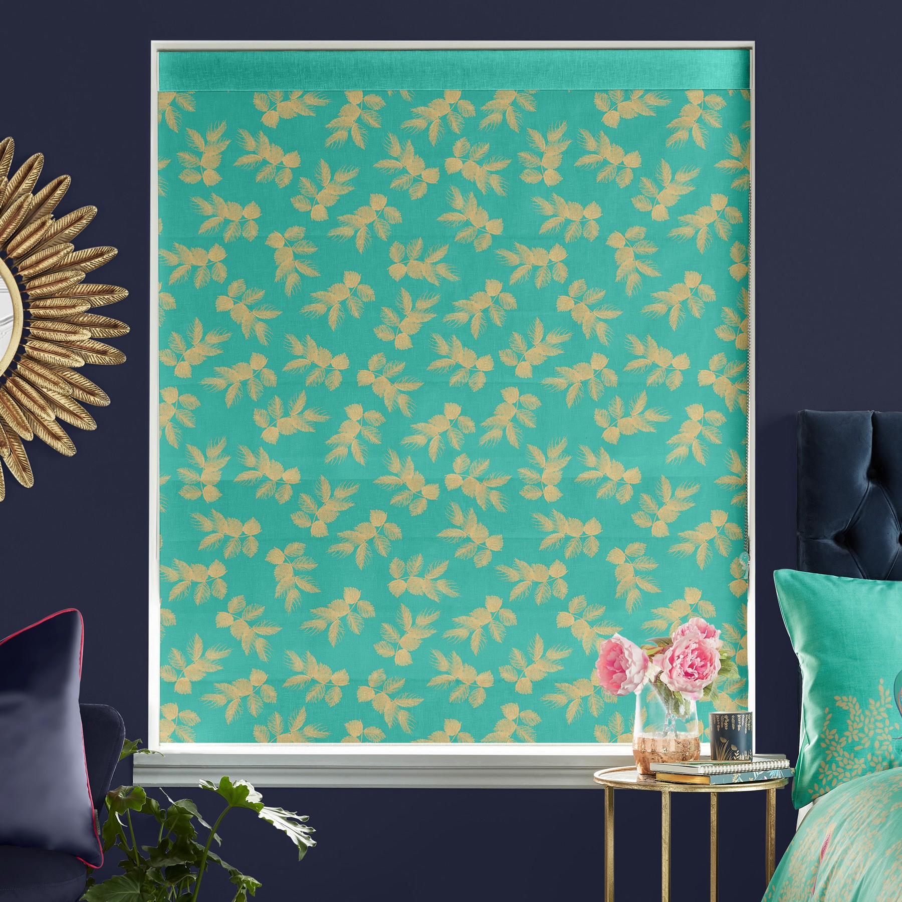 Sara Miller Etched Leaves Green Roman Blind