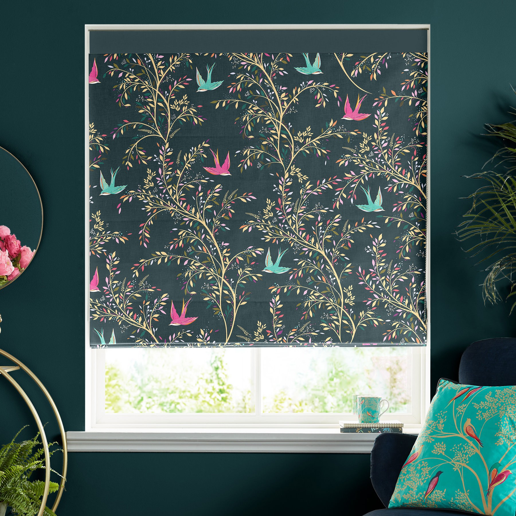 Sara Miller Swallows Forest Green Roman Blind