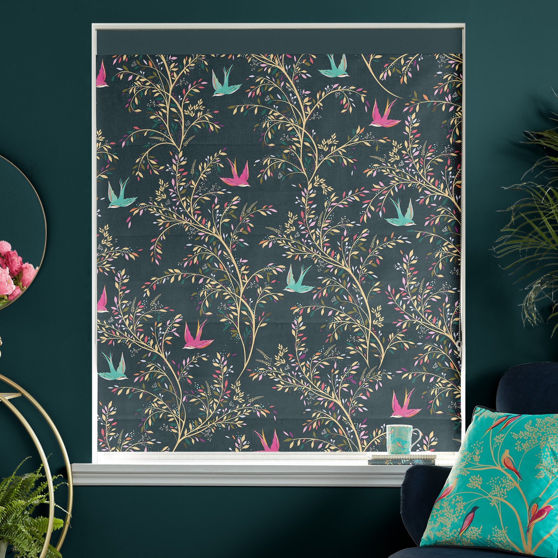 Sara Miller Swallows Forest Green Roman Blind