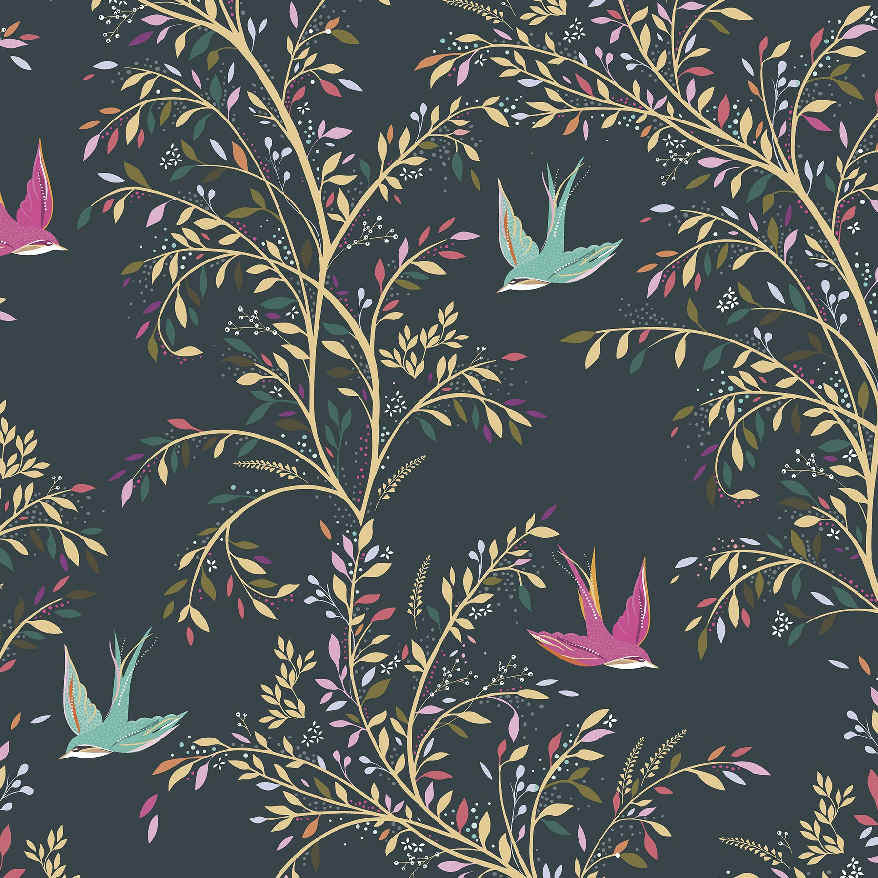 Sara Miller Swallows Forest Green Roman Blind
