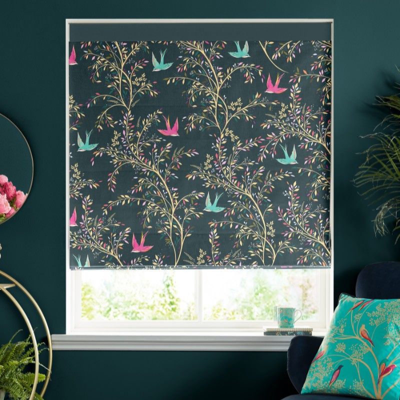 Sara Miller Swallows Forest Green Roman Blind